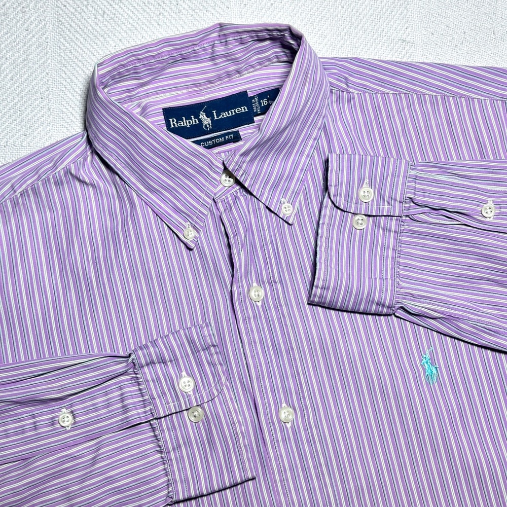 Ralph Lauren Button Down Shirt Mens Large Custom Fit Striped Purple White Pony